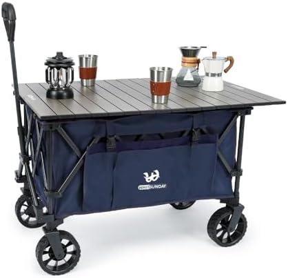 Whitsunday Folding Collapsible Utility Camping Park Wagon Cart Heavy Duty Outdoor Park Beach Wagon with Table Top, Utility Grocery Cart for Camping Sports Shopping - Dark Blue