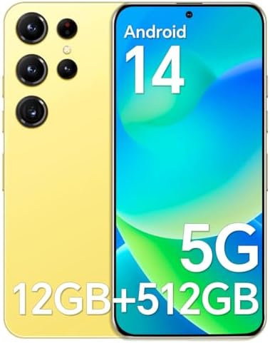 Unlocked Phones T24 Ultra，12GB+512GB Android 14 Smartphone,6.7" Full Screen，48MP+108MP Camera Cellphone, 6800mAh Battery, Snapdragon 888，5G/GPS/Face ID/Dual SIM/Fingerprint Lock Yellow