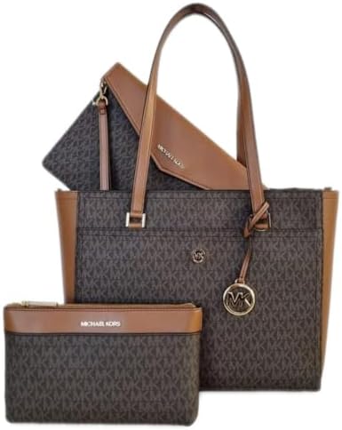 Michael Kors Womens Maisie 3 In 1 Bundle Large Top Zip Tote Crossbody Pouch Wristlet MK Signature (Brown)