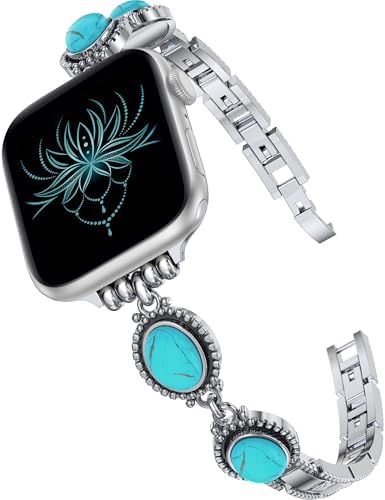 Moolia Turquoise Stone Bracelet Compatible with Apple Watch Band 42/41/40/38/46/45/44/49mm Women Metal Handmade Gemstone Adjustable Replacement for iWatch Ultra Series SE/10/9/8/7/6/5/4/3/2/1