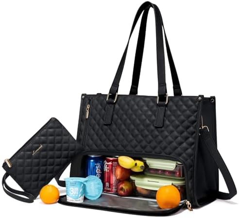 LOVEVOOK Lunch Tote Bag for Women, 15.6 Inch Laptop Bag with Insulated Lunch Compartment, Quilted Large Capacity Computer Handbag with Purse for Business, Work, Nurse, Office, Collage, Casual, Black