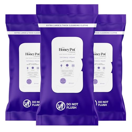 The Honey Pot Company - Intimacy Cleansing Wipes - PH Balancing, Paraben Free, Feminine Products - Ultra-thick and Extra Large Cloths for the Bedroom - 20 ct (Pack 3)