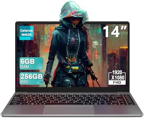 14" Laptop Win 11 256GB SSD Up to 1TB SSD Expand Celeron N4020 Up to 2.8Ghz Dual-Core Processor 6GB DDR4 1920x1080 FHD Dual WiFi BT4.2 with Webcam Keyboard Protect Flim for Business-Gray