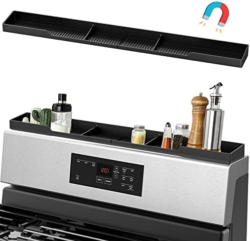 AWOKE Stove Top Shelf 30 Inch - Silicone Material Magnetic Shelf for the Stove - 3 Functional Partitions Kitchen Spice Rack Organizer - Black