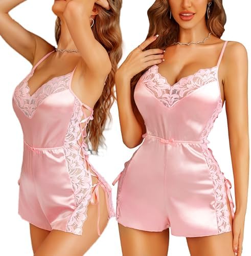 RSLOVE Sexy Lingerie Pajama Set - Lingerie for Women Silk Pjs Sets Shorts Satin Nightwear Lace Sleepwear