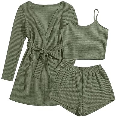 Ekouaer Womens 3 Piece Waffle Knit Lounge Set Soft Pajama Sets Tank Top and Shorts Cardigan with Pockets S-XXL