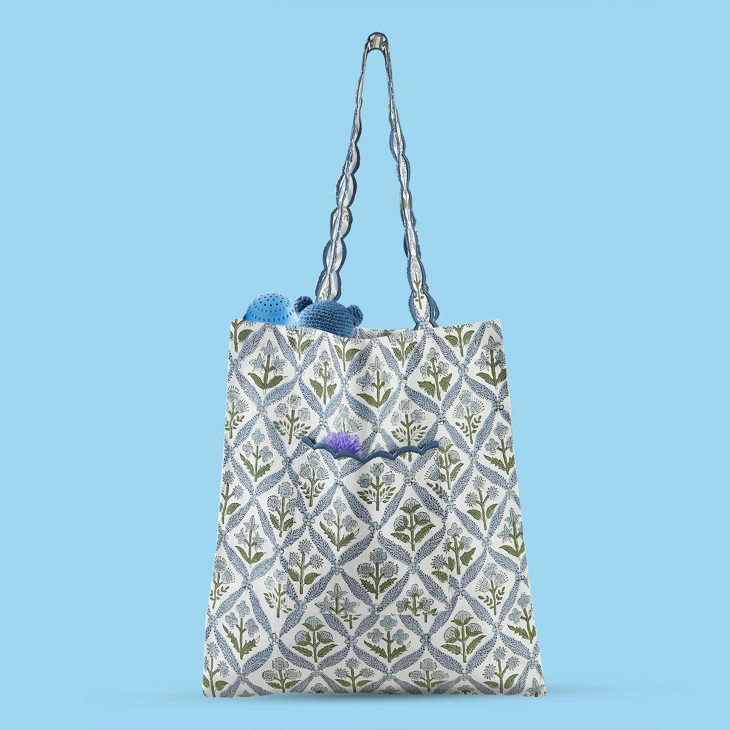 Trending New Light Steel Blue Indian Floral Block Printed Canvas Women's Aesthetic Bag for Grocery Shopping School Church