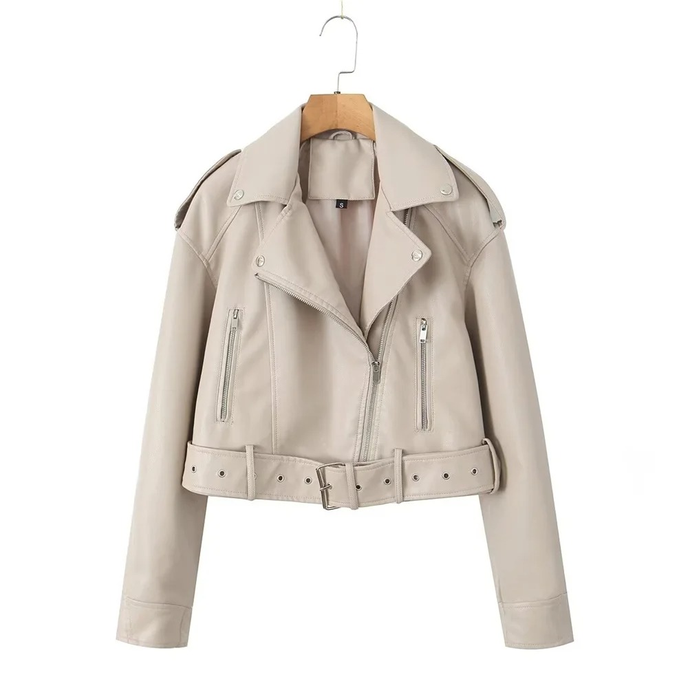 2025 Autumn New Women's Black PU Leather Motorcycle Suit with Belt Short Leather Jacket Imitation Leather Jacket Coat