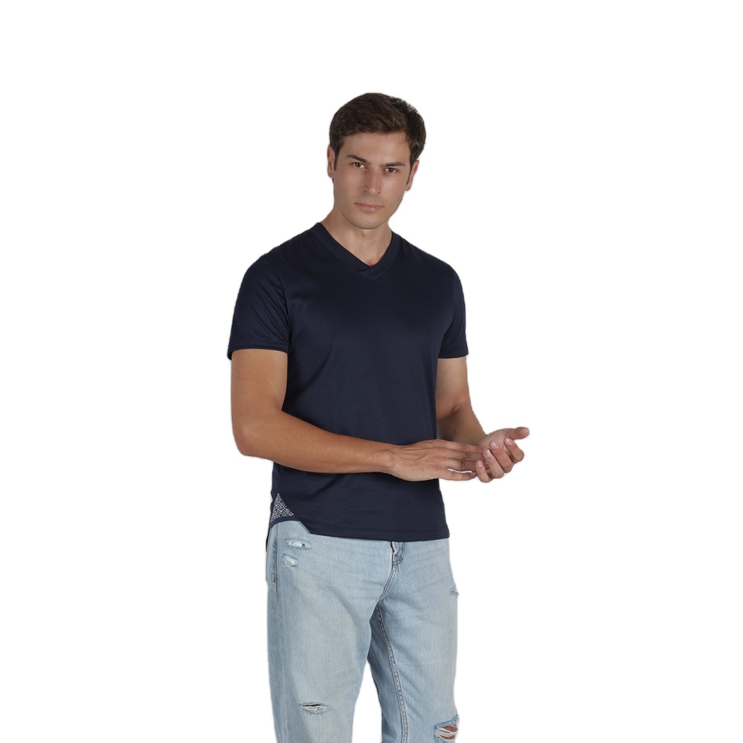 Italy Manufacturers Men's Clothing V Neck T Shirts 100% Cotton With Short Sleeves Solid Blue Color 