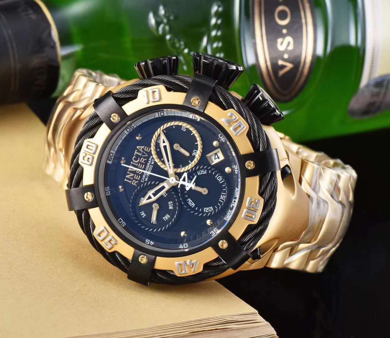 Custom Brands Men's Business Casual Premium Gold Luxury Sport's Thick Steel Wire Watch 