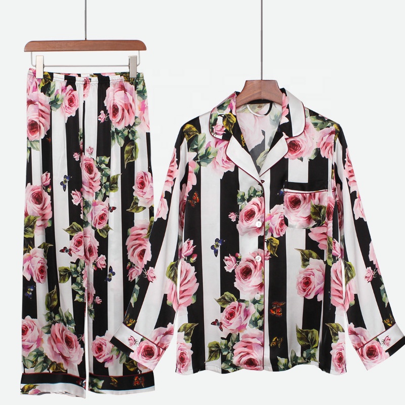 Wholesale Luxury Pijamas Flower Striped Design Long Sleeve Satin Nightgown Printed Pyjama Set Women's Sleepwear Silk Pajamas 