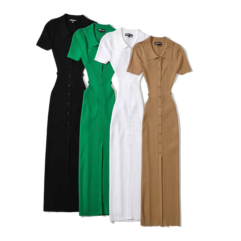 4 Colorway Polo Collar Short Sleeve Sexy Back Hollow Out Design Women Summer Long Bodycon Knit Casual Shirt Dress 