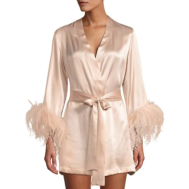 Luxury Feather Robe Ladies Pajamas Bath Lounge Wear Plus Versache Robes Femme Stretch Satin Silk Robe Women's Sleepwear 