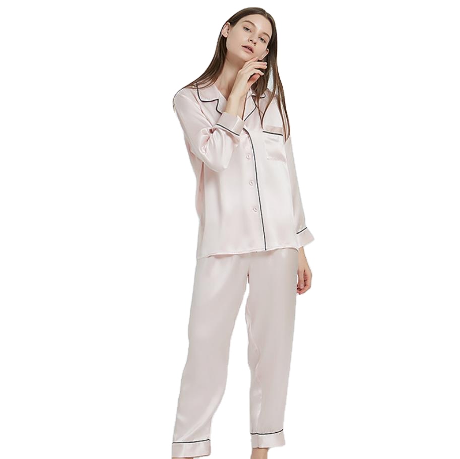 2022 New Style Women's Pure Mulberry Silk Classic Satin Pajamas Set Sleepwear Loungewear 