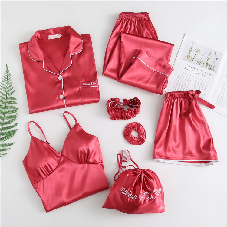 Fat Girls Long Sleeve Silk Satin Pajama Set 7pcs Plus Women's Sleepwear Set 