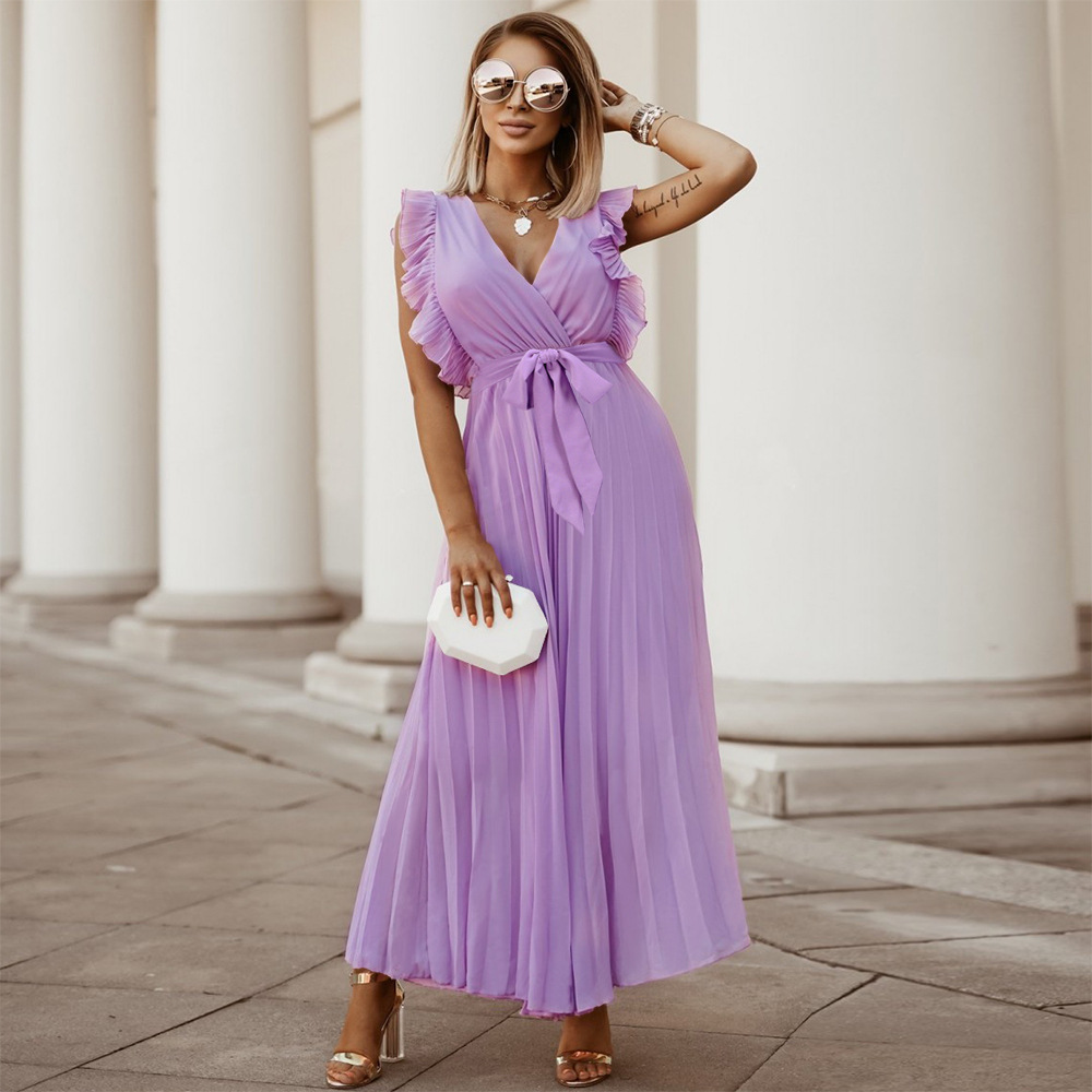 Elegant Long Dress Sleeveless Ruffles Chic Fashion Office Party Pleated Skirt Abiye Women's Clothing Dress 