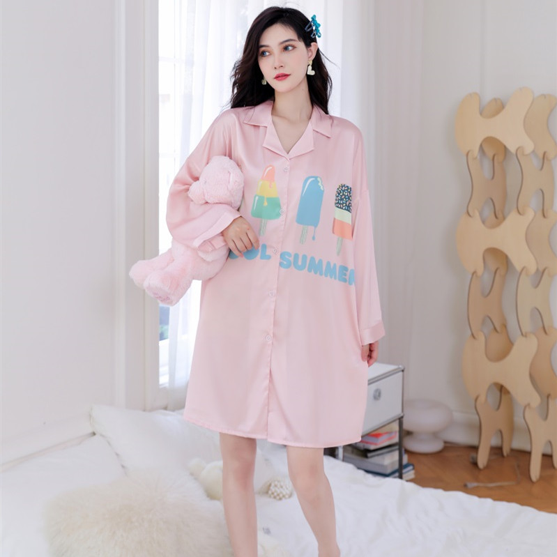 Hot Sell Satin Night Shirt Dress Sexy Long Sleeve Nightgown Ladies Lapel Casual Silk Pajamas Plus Size For Women's Sleepwear 