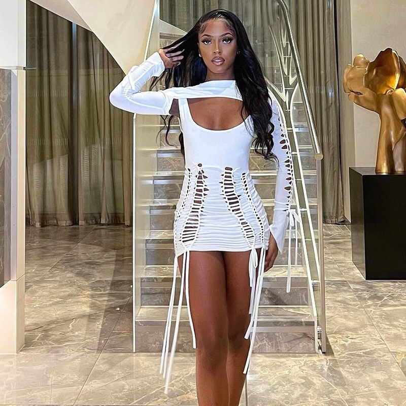 Wholesale Fashion Club Wear Autumn Long Sleeve Pretty Hollow Out Lace Up Sexy Women's Dresses 