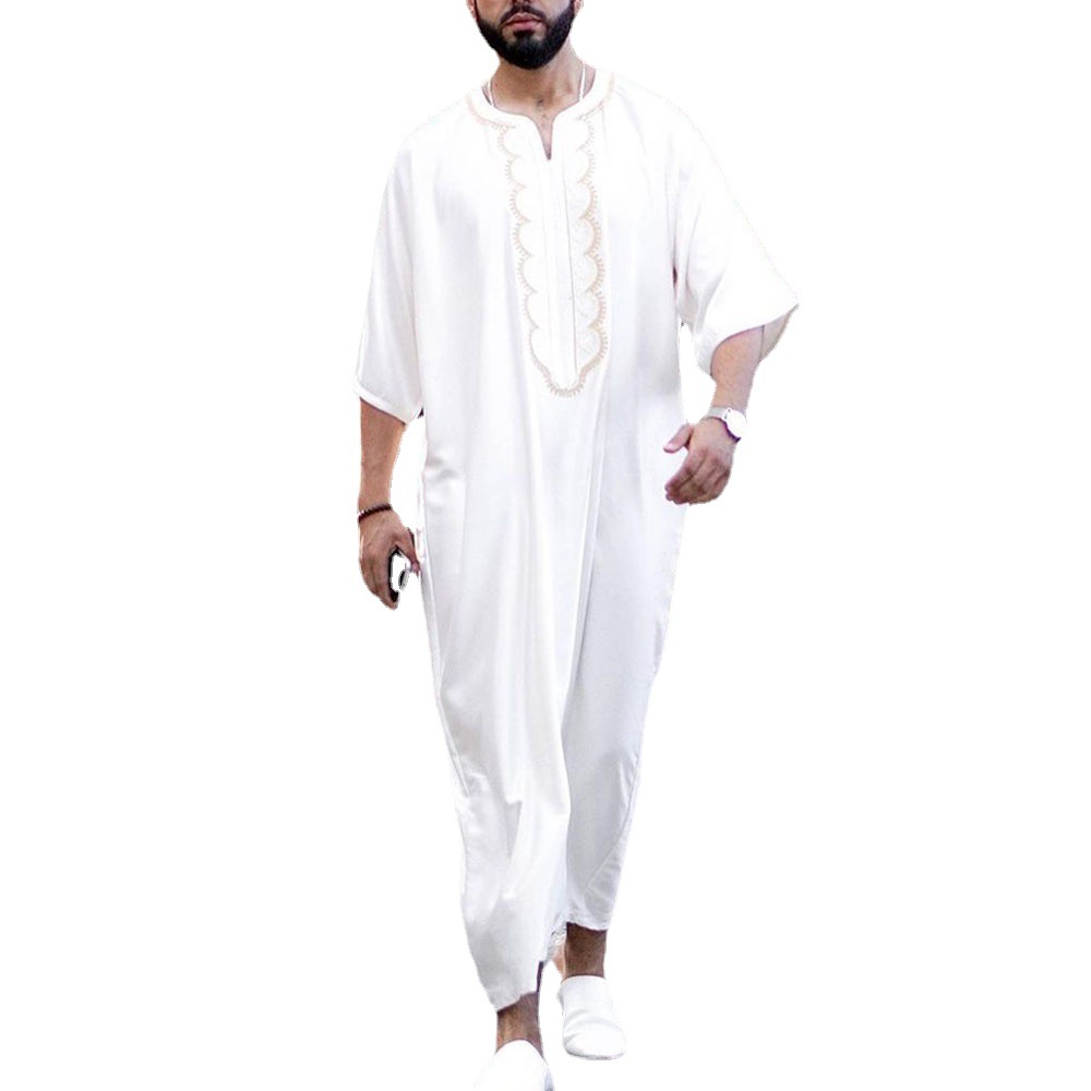 Man Muslim Ethnic Robe Loose Collarless Casual White Muslim Robe Print Modest Islamic Clothing Male 