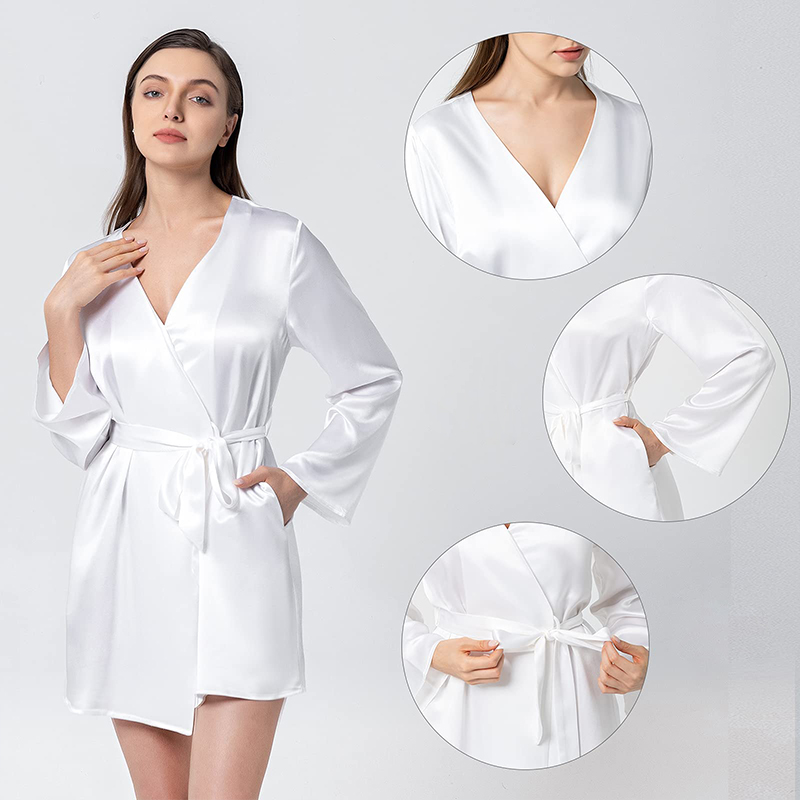Women's Pure Color Satin 19mm Mulberry Silk Short Kimono Bridesmaids Lingerie Silk Robes 