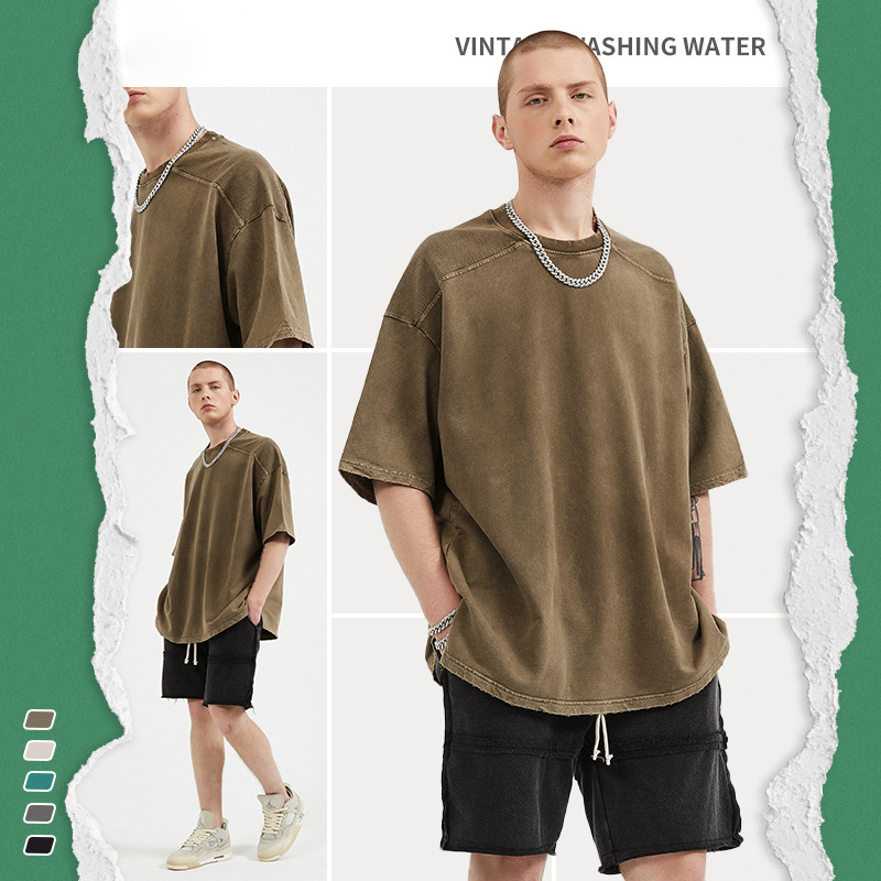 2022 Summer New European And American Heavy Retro Acid Wash Under The Slit Short-sleeved Men's T-shirt 