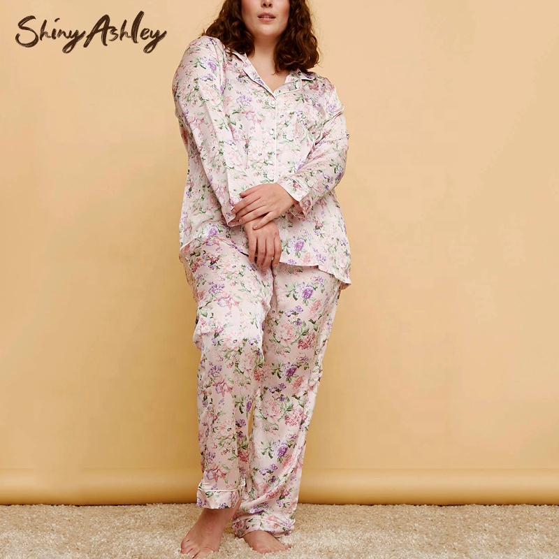 Oem Custom Allover Print Blouse &amp; Pants Mulberries Silk Plus Size Pj Set Satin Pajamas Women's Sleepwear 
