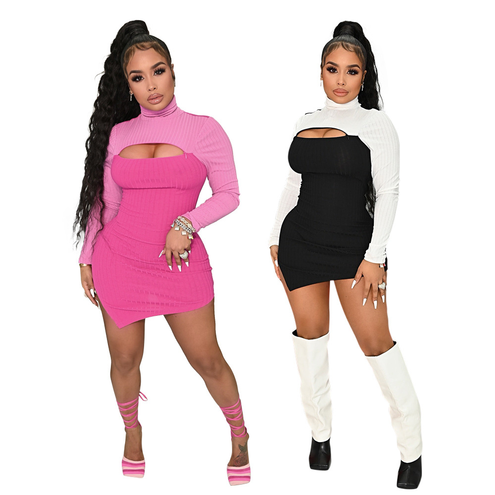 2023 New Fashion Women's Clothing Casual Color Blocking Long Sleeve Irregular Buttock Dress Two-piece Sexy Suit For Women 