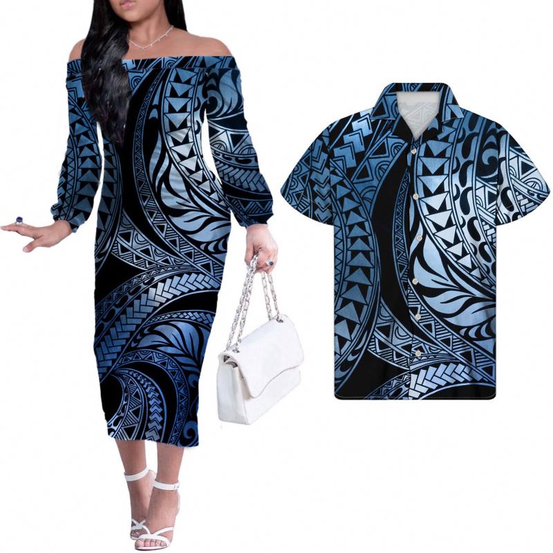 Luxury Couples Clothing Set Women Office Dresses Samoa Tribal Yellow Green Style With Hibiscus Women Long Sleeve Dress Bodycon 