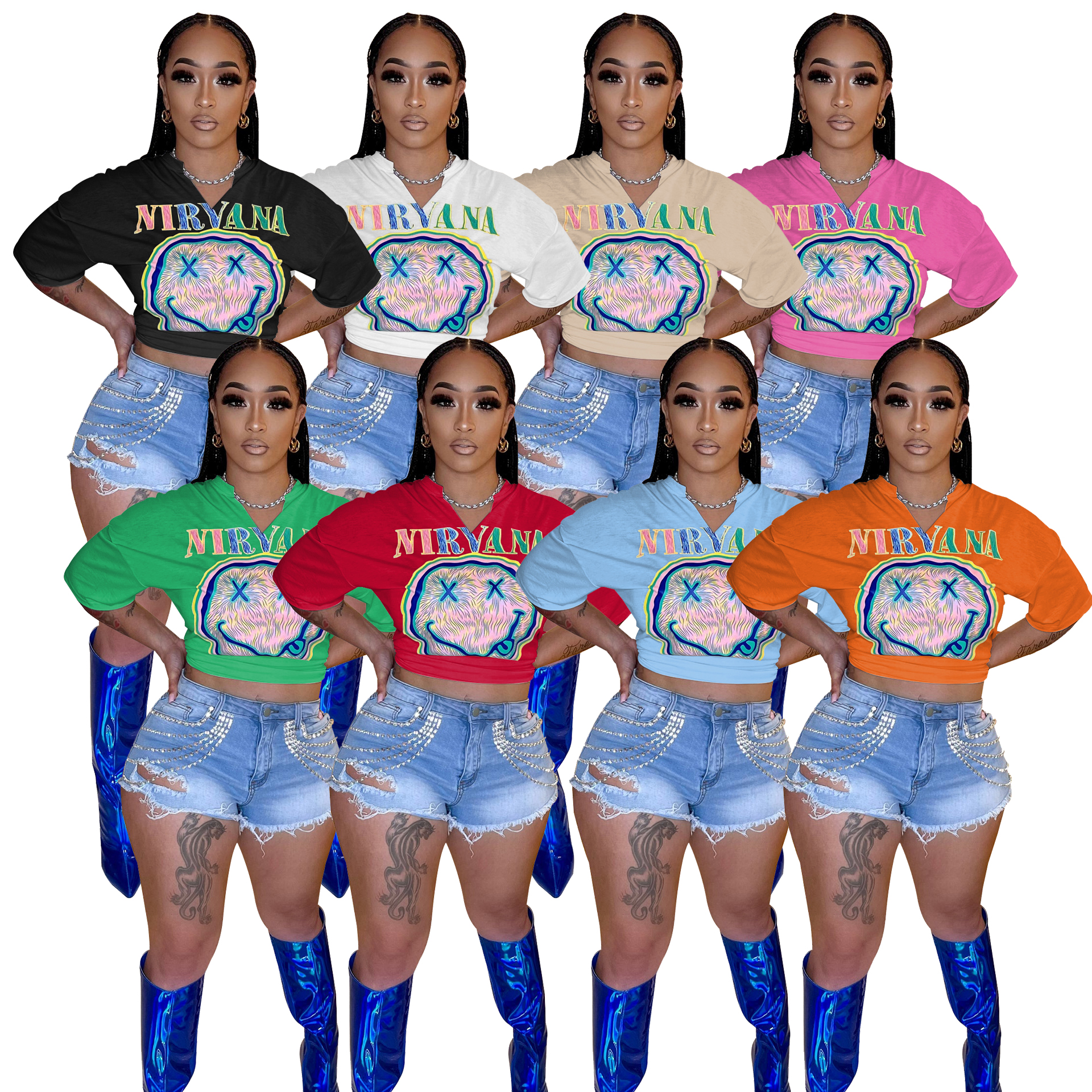 8 Colors Summer Smiling Face Printed Short Sleeve Cotton Elastic Crop Top T-shirt Women 