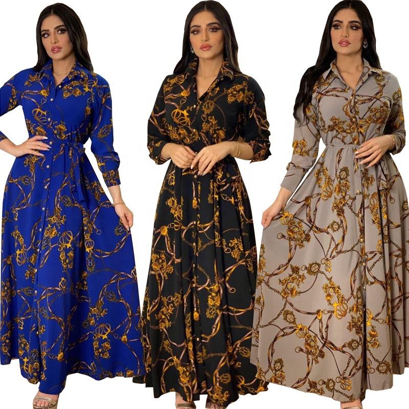 Wholesale Women Dubai Tutkish Arab Kaftan Long Sleeve Maxi Dress Ethnic Islamic Clothing Flower Printed Abaya Muslim Dress 