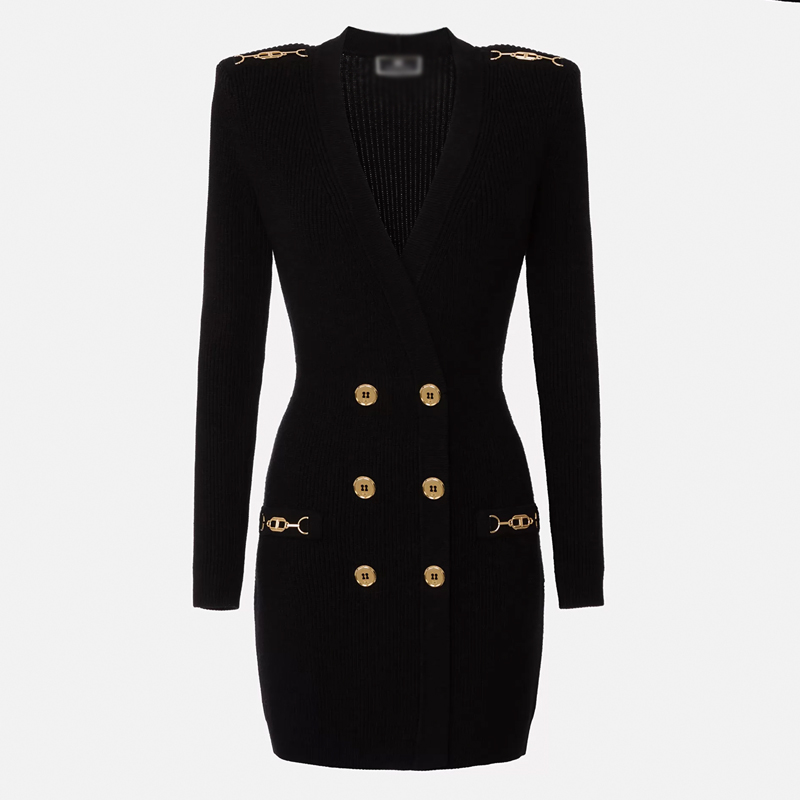 Elegant Women Fall Sexy V-neck Chain Patchwork Classic Black Knitting Sweater Slim Quality Street Straight Dress 