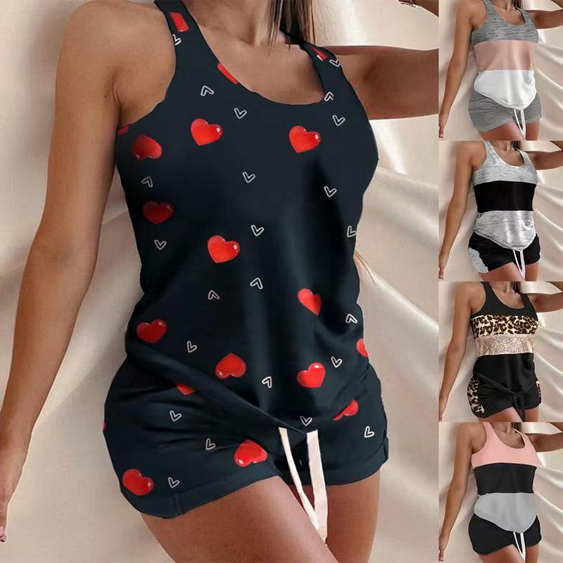 2022 Sleeveless Shorts Leopard Heart Lingerie Plus Size Color Block Pajamas Women's Sleepwear Lounge Wear Nightdress 2 Piece Set 