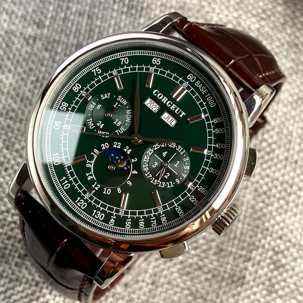 Corgeut 42mm Multifunction Moon Phase Vintage Automatic Watch For Men Week Date Month Year Rose Gold Dial Leather Band Polish 