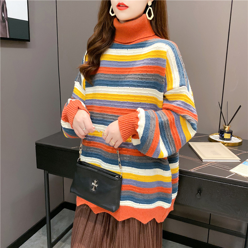 2021 Autumn New Arrival Fashion Women Plus Size Loose Fit Turn Down Collar Stripe Knit Pullover Sweater 