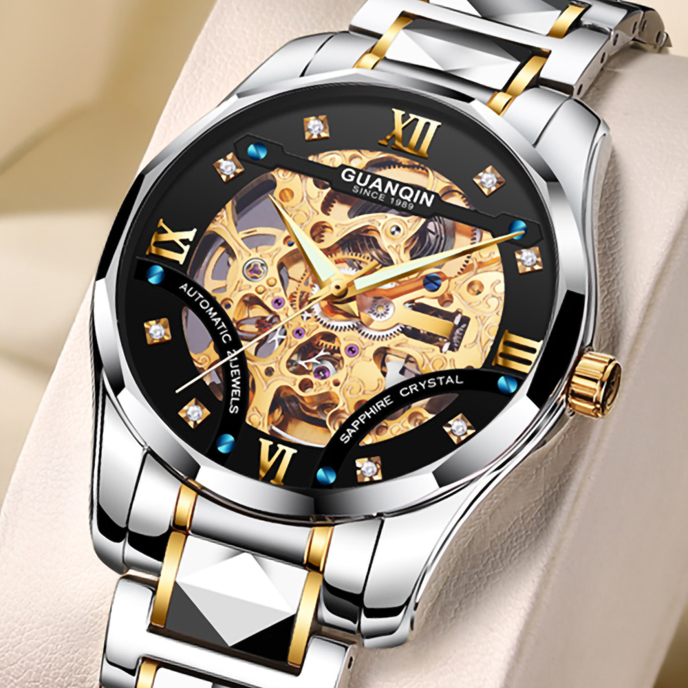 Guanqin Fashion Business Low Moq Dropshipping Luxury Skeleton Hollow Out Design Watches Men Automatic Mechanical Watches 