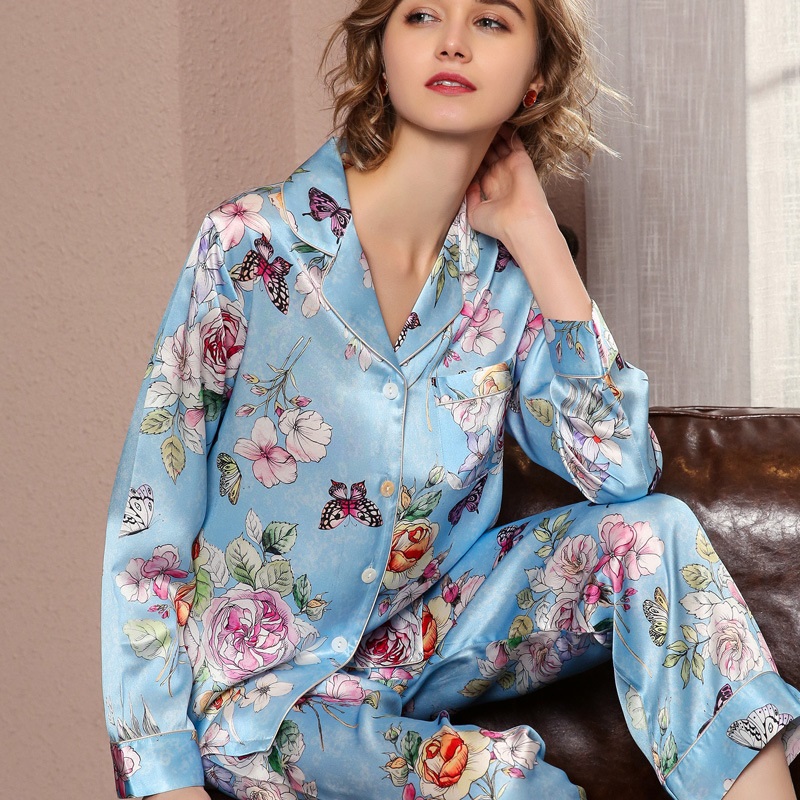 100%pure Silk Ladies Long-sleeve Cardigan Pajamas Comfortable Home Wear 2 Pieces Women's Suits 