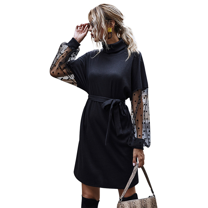 2021 Autumn Women Clothing Office Dress Solid Mid-length Skirt Women's Polka Dot Mesh Long Sleeve Casual Dress 