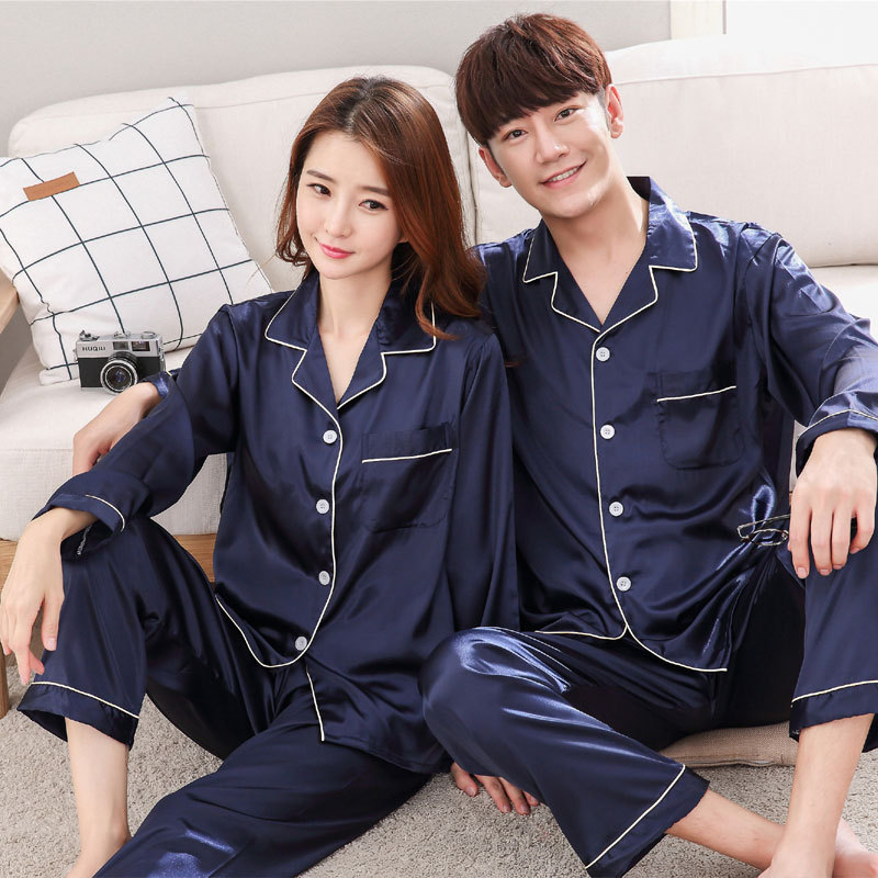 Dropshipping Couple Sleepwear Women's Classic Satin Pajama Men's Long Sleeve With Pants Sleepwear Loungewear Pajama Set 