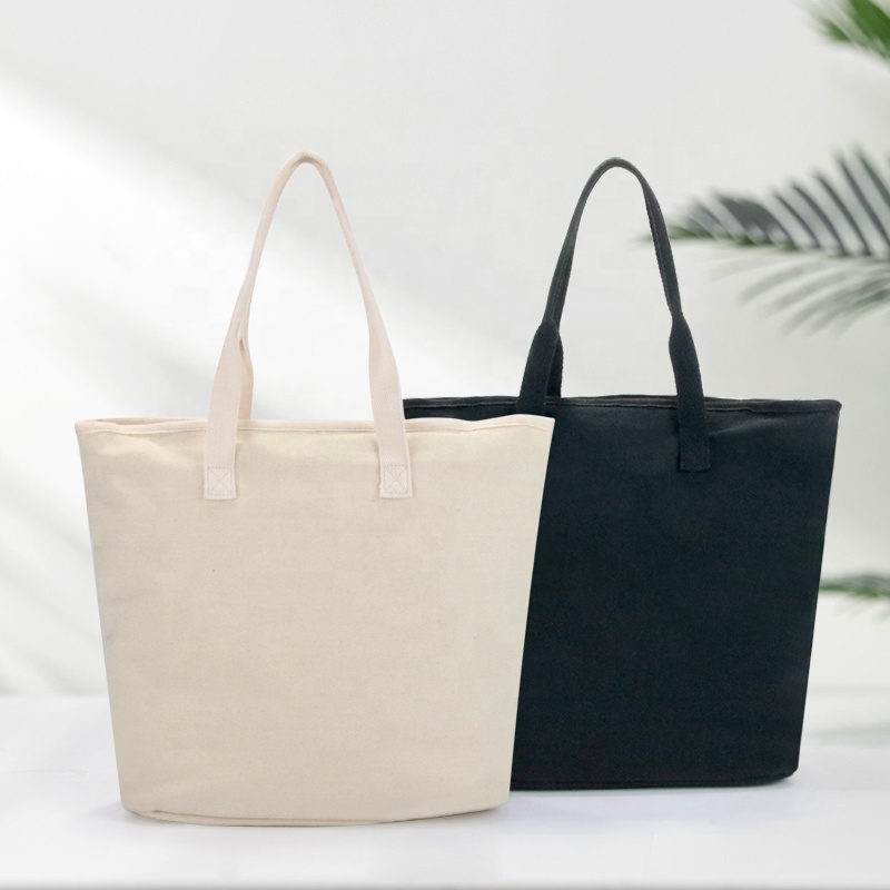 Promotion White Beach Shopping Tote Bags With Custom Printed Logo Pocket Zipper Cotton Canvas Tote Bags For Women 