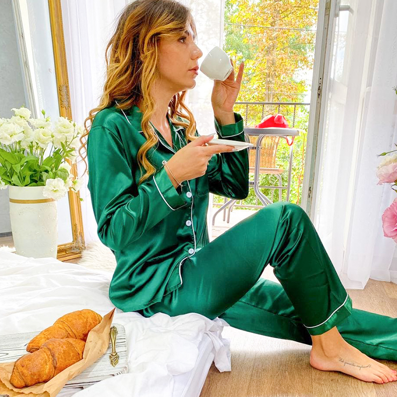 2022 Women's Sleepwear Solid Cozy Piyama Women 2 Pieces Satin Pajamas Set 