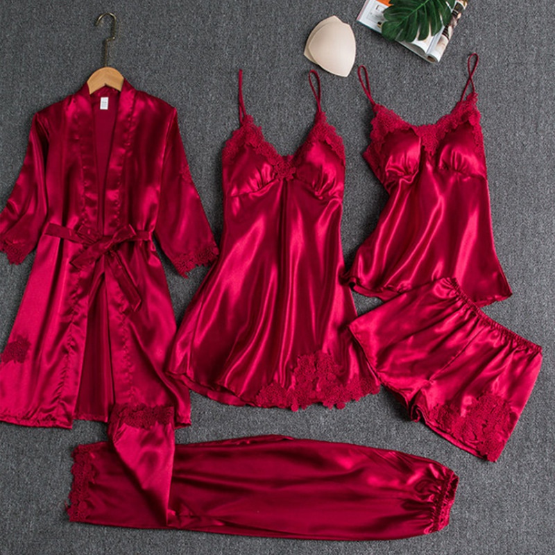 Hot Selling Five Piece Set Of Women's Silk Nightgown Lady's Nightgown Sleepwear Satin Sleepwear Set Pyjamas Pants Set 