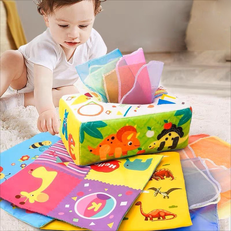 Custom Manufacturer Preschool Learning Toys Infant Montessori Sensory Cloth Crinkle Magic Baby Tissue Box Toy 