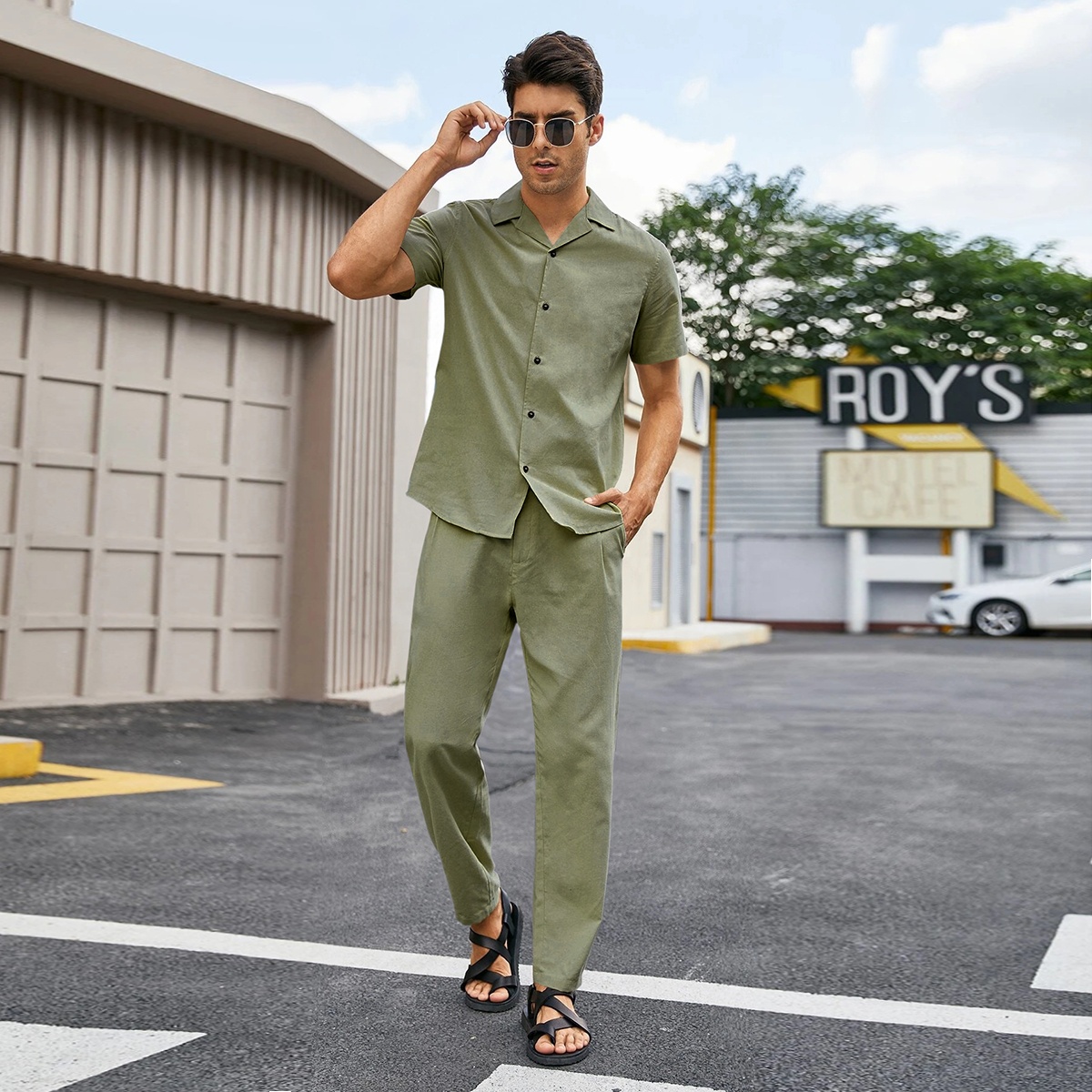 Custom Plain Color Casual Cotton Pants Trousers And Cuban Collar Short Sleeve Shirt Set For Men 