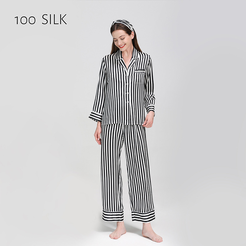 Beta Custom Autumn Printed Stripe Loungewear Set Womens Pajamas 100% Silk Plain Two Piece Silk Set Satin Women's Sleepwear 