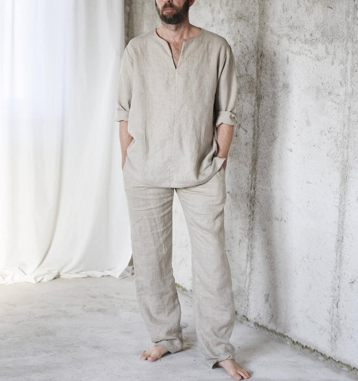 High Quality Fashion Design Custom Linen Men's Pajama Pants Set Sleepwear Men 