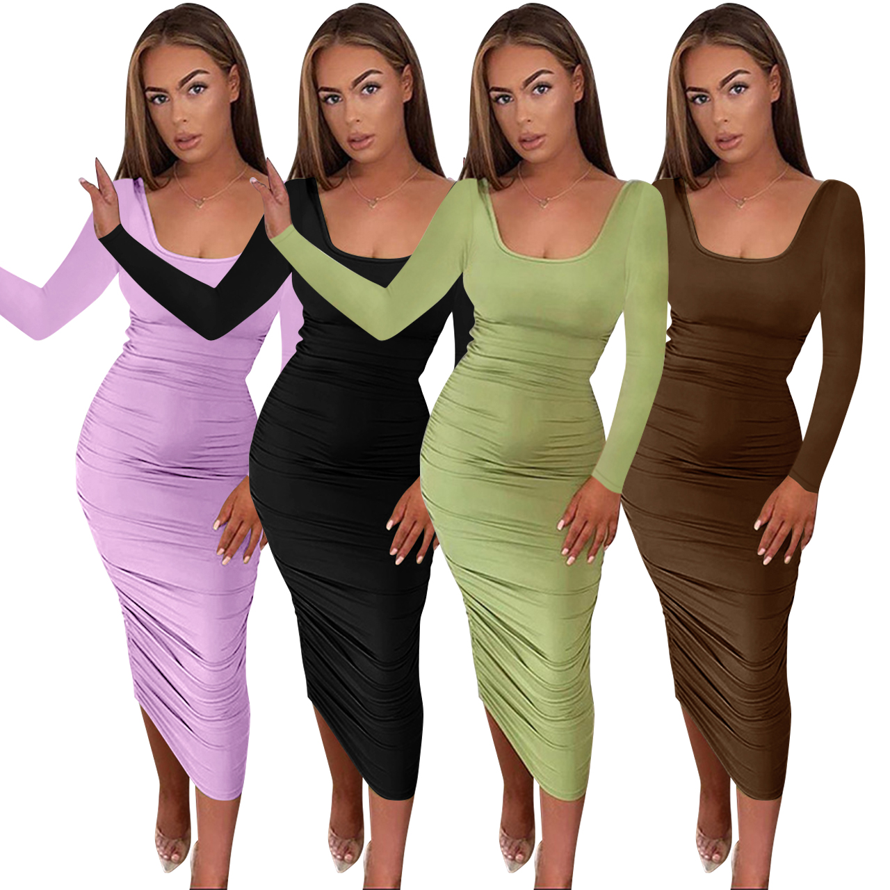New Style Pleated Dress Long-sleeved Solid Color Square Collar Fashionable Women's Clothing 