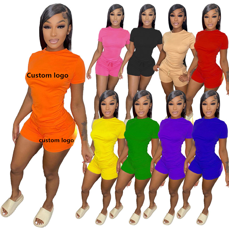 Women Shorts Sets 2023 Custom Logo Summer New Woman Short Sleeve Round Neck T-shirt With Biker Shorts Two 2 Piece Set 