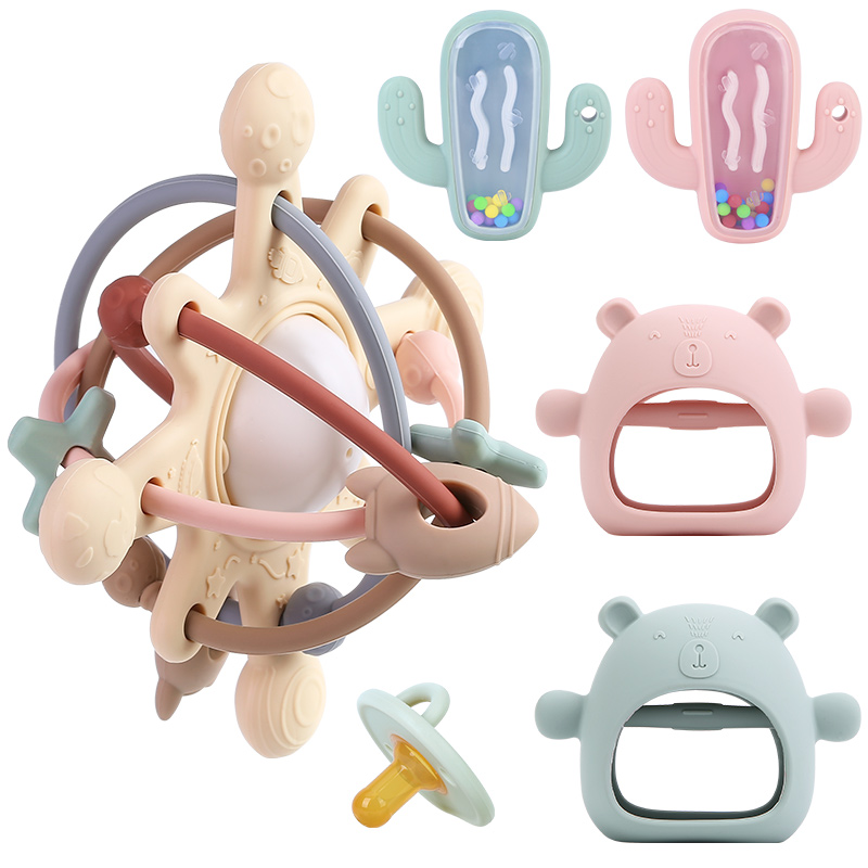 Organic Silicone Baby Teething Toys Teether Autism Sensory Wood Rings Rainbow Silicone Stacking Kids Toys For Babies 