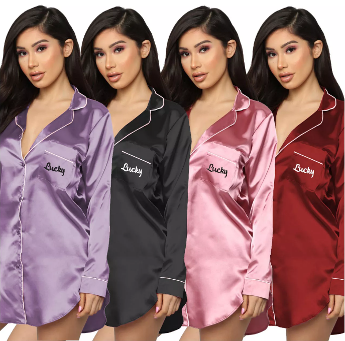 Satin Pj Shirt Oversize Shirt Side Slip Button Pijamas Lounge Wear Allure Women Long Sleeve Silk Pajama Set Women's Sleepwear 
