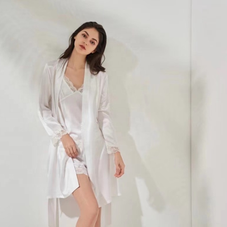 22mm Lace Trim Sexy Nightrobe Fashion Women 3 Piece Set Casual Women's Sleepwear 